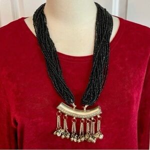 Vintage Spanish Black Bead Necklace Silver Jingle Dangle Pendant , Iberian Folk